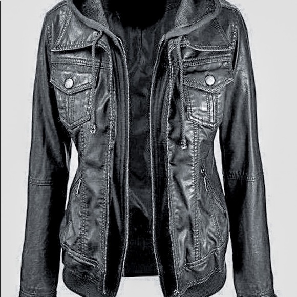 Women’s Black Fitted Leather Jacket with Hood NWOT - Picture 8 of 8